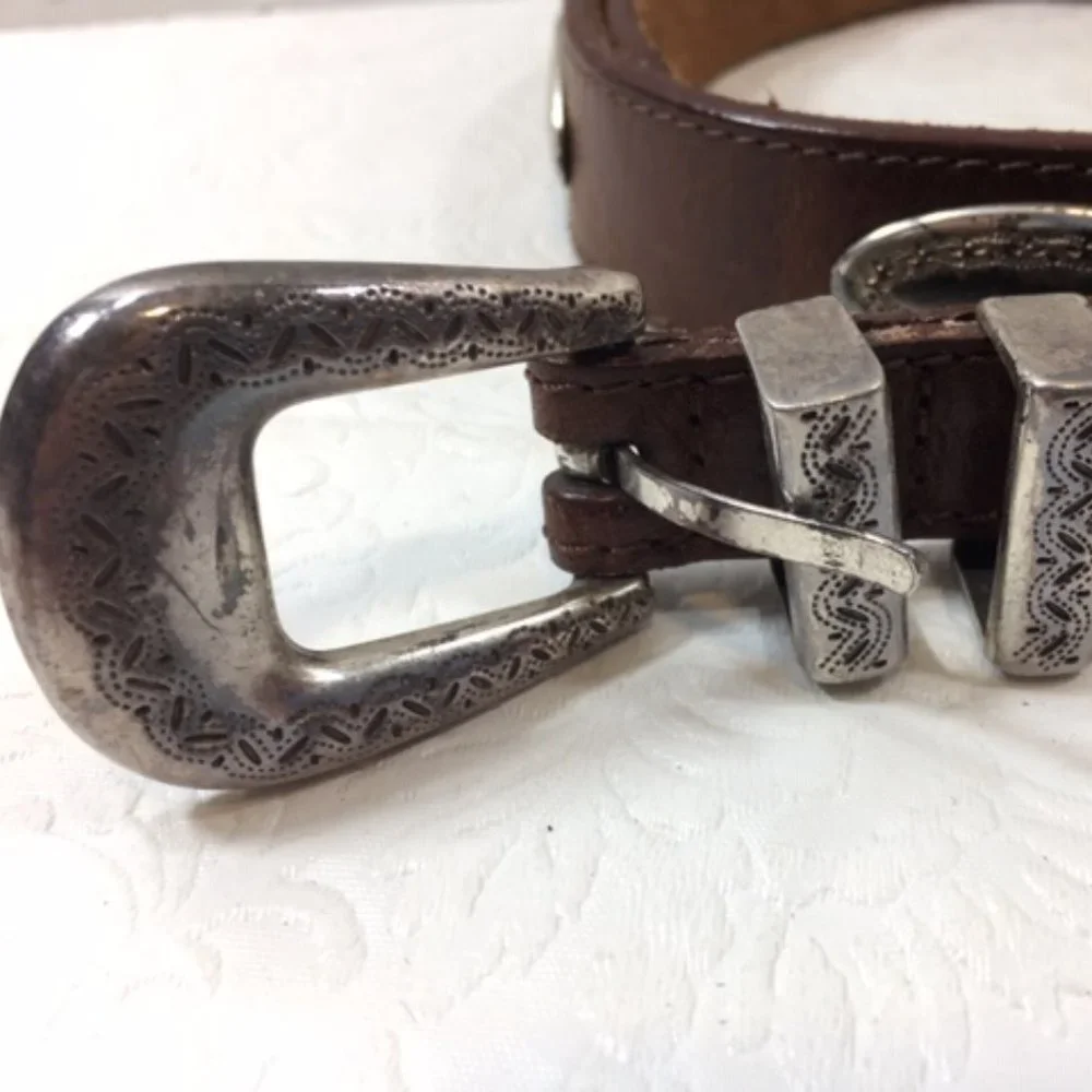 Langu Leather Brown Belt Silver Toned Engraved Ornaments
